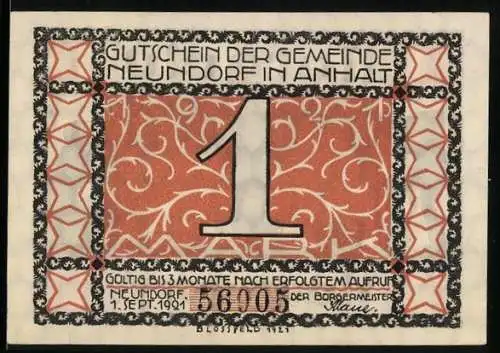 Notgeld Neundorf 1921, 1 Mark, Kinder und alter Mann unter Baum