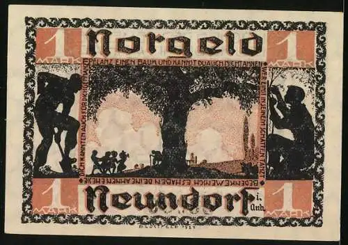 Notgeld Neundorf 1921, 1 Mark, Kinder und alter Mann unter Baum