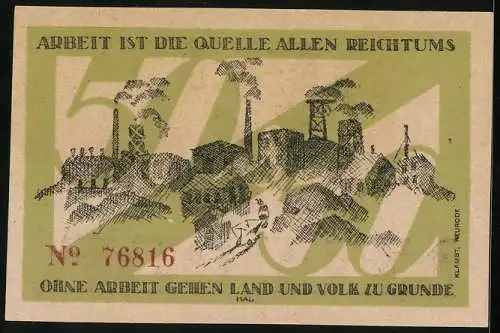 Notgeld Neurode 1921, 50 Pfennig, Industriegebiet mit Rauchwolken