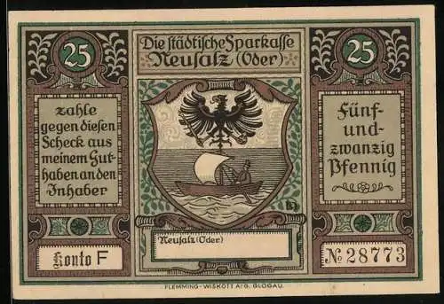 Notgeld Neusalz /Oder, 25 Pfennig, Erhebung von Neusalz zur Stadt durch Friedrich den Grossen