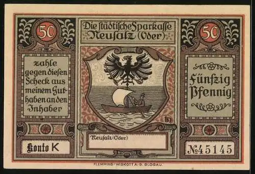 Notgeld Neusalz /Oder, 50 Pfennig, Erhebung von Neusalz zur Stadt durch Friedrich den Grossen