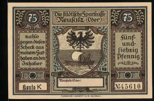 Notgeld Neusalz /Oder, 75 Pfennig, Erhebung von Neusalz zur Stadt durch Friedrich den Grossen