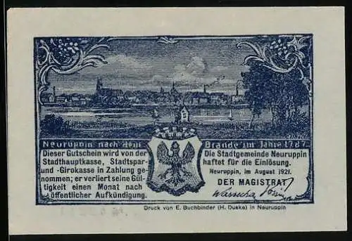 Notgeld Neuruppin 1921, 25 Pfennig, Tempelgarten und Stadt nach dem Brand 1787