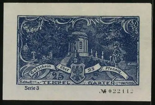 Notgeld Neuruppin 1921, 25 Pfennig, Tempelgarten und Stadt nach dem Brand 1787