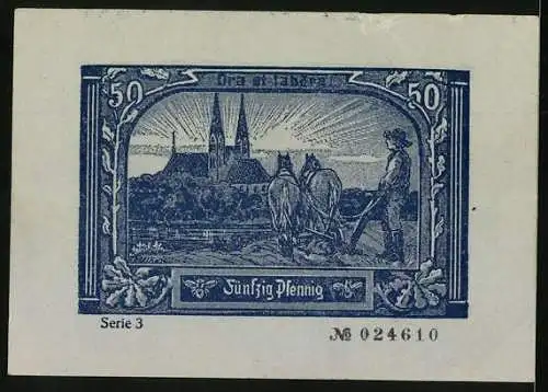 Notgeld Neuruppin 1921, 50 Pfennig, Fontane-Denkmal und Bauer mit Pflug