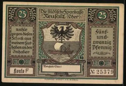Notgeld Neusalz /Oder, 25 Pfennig, Erhebung von Neusalz zur Stadt durch Friedrich den Grossen