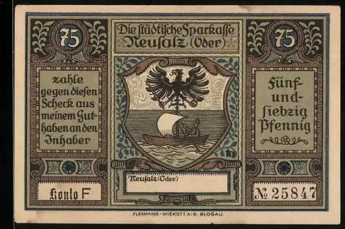 Notgeld Neusalz /Oder, 75 Pfennig, Friedrich der Grosse erhebt Neusalz zur Stadt