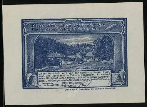 Notgeld Neuruppin 1921, 50 Pfennig, Mühle und Bauer auf dem Acker