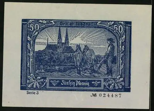 Notgeld Neuruppin 1921, 50 Pfennig, Mühle und Bauer auf dem Acker