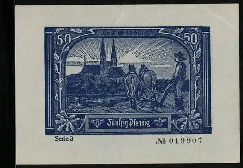 Notgeld Neuruppin 1921, 50 Pfennig, Schloss und Bauer auf dem Acker