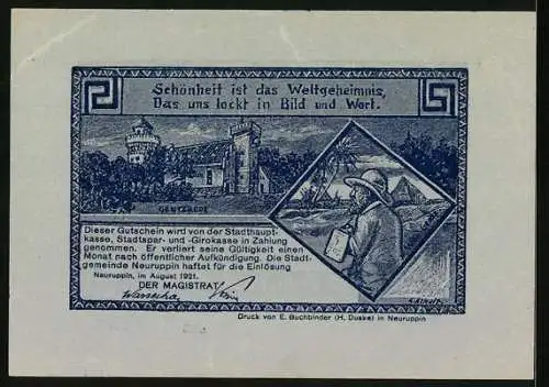 Notgeld Neuruppin 1921, 50 Pfennig, Schloss und Bauer auf dem Acker