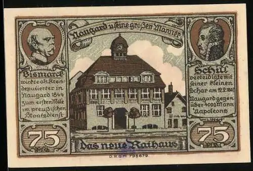 Notgeld Naugard in Pommern 1922, 75 Pfennig, Rathaus, Schill und Bismarck