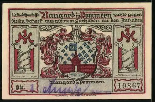 Notgeld Naugard in Pommern 1922, 1 Mark, Kirche, Schill und Bismarck