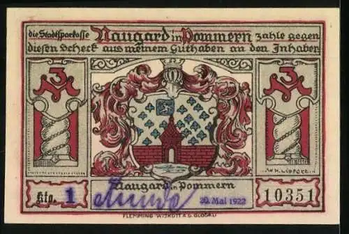 Notgeld Naugard in Pommern 1922, 3 Mark, Ortsansicht, Schill und Bismarck