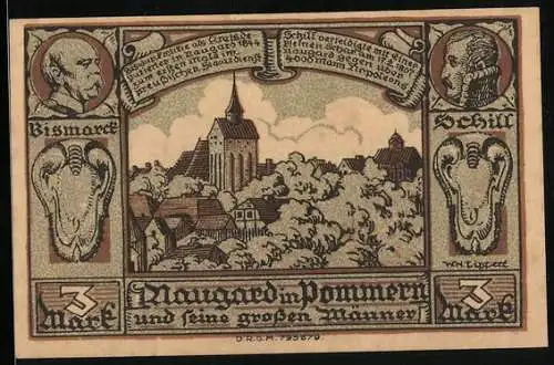 Notgeld Naugard in Pommern 1922, 3 Mark, Ortsansicht, Schill und Bismarck