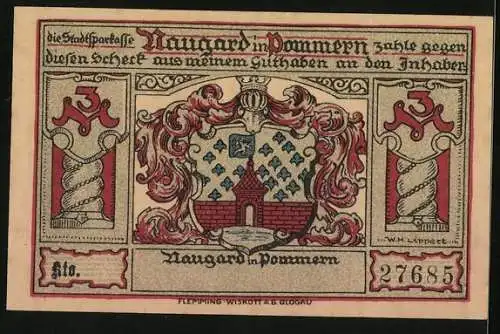 Notgeld Naugard in Pommern 1922, 3 Mark, Ortsansicht, Schill und Bismarck
