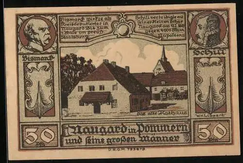 Notgeld Naugard in Pommern 1922, 50 Pfennig, Altes Rathaus, Schill und Bismarck