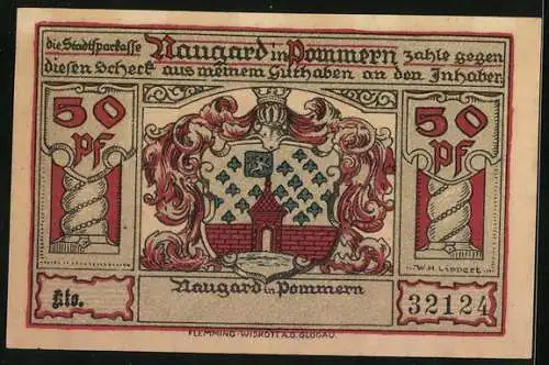 Notgeld Naugard in Pommern 1922, 50 Pfennig, Altes Rathaus, Schill und Bismarck