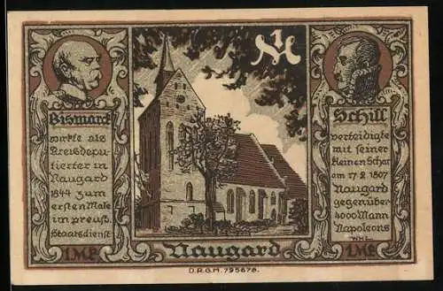 Notgeld Naugard in Pommern 1922, 1 Mark, Kirche, Schill und Bismarck