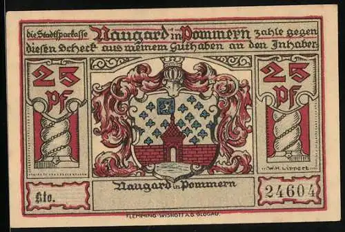 Notgeld Naugard in Pommern 1922, 25 Pfennig, Rathaus, Wappen und Trophäen