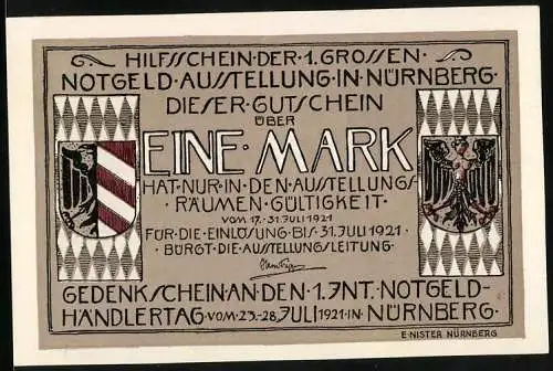 Notgeld Nürnberg 1921, 1 Mark, Wappen und Figur mit zerbrochenem Schwerta