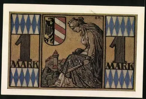 Notgeld Nürnberg 1921, 1 Mark, Wappen und Figur mit zerbrochenem Schwerta