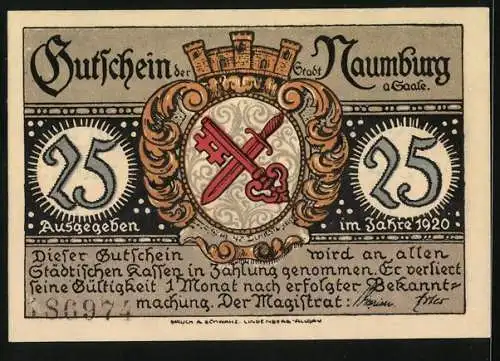 Notgeld Naumburg 1920, 25 Pfennig, Wappen und Wenzels-Kirche