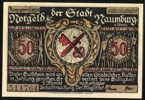 Notgeld Naumburg a. Saale 1920, 50 Pfennig, Und ein Lehrer von der Schul sann auf Rettung