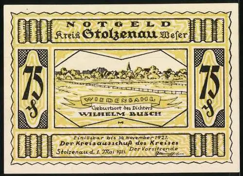 Notgeld Stolzenau 1921, 75 Pfennig, Wiedensahl, Geburtsort des Dichters Wilhelm Busch