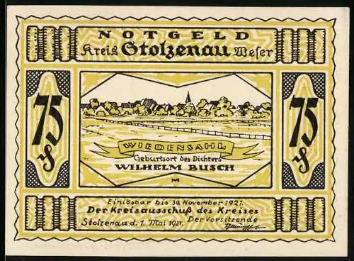 Notgeld Stolzenau 1921, 75 Pfennig, Wiedensahl, Geburtsort Wilhelm Buschs