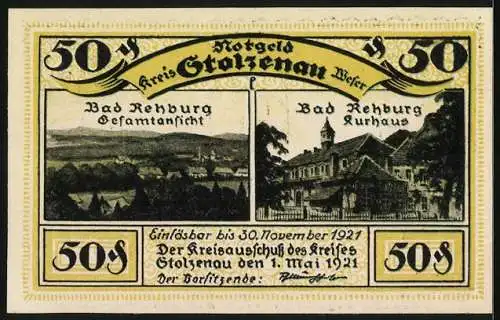 Notgeld Stolzenau 1921, 50 Pfennig, Gesamtansicht von Bad Rehburg und der örtliche Kursaal