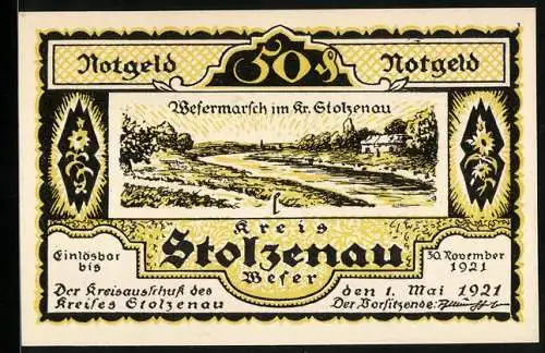 Notgeld Stolzenau 1921, 50 Pfennig, Blick auf die Wesermarsch