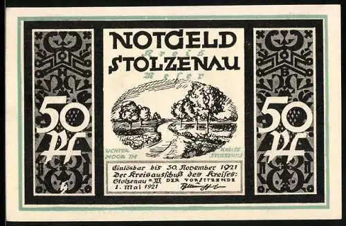 Notgeld Stolzenau 1921, 50 Pfennig, Wegpartie im Uchter Moor
