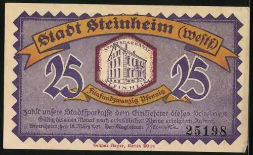 Notgeld Steinheim /Westf. 1921, 25 Pfennig, Ortsansicht anno 1664