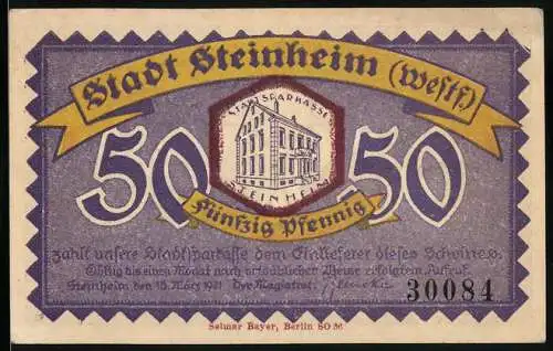 Notgeld Steinheim /Westf. 1921, 50 Pfennig, Altes Bauernhaus, lokale Produkte
