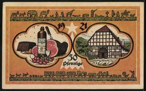 Notgeld Steinheim /Westf. 1921, 50 Pfennig, Altes Bauernhaus, lokale Produkte