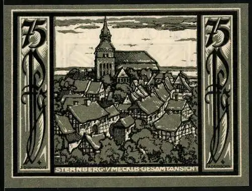 Notgeld Sternberg i. Meckl., 75 Pfennig, Ortsansicht mit der Kirche
