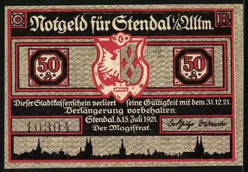 Notgeld Stendal i. d. Altm. 1921, 50 Pfennig, Mann mit Feder am Hut