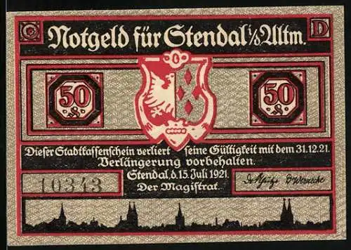 Notgeld Stendal i. d. Altm. 1921, 50 Pfennig, Männer mit einem Pferdekarren