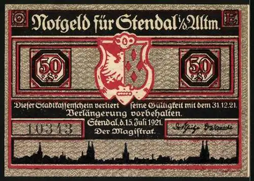 Notgeld Stendal i. d. Altm. 1921, 50 Pfennig, Küstenpartie mit grossem Segelschiff