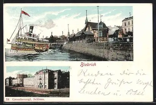 Lithographie Biebrich / Rhein, Uferpartie mit Dampfschiff, Grossherzogl. Schloss