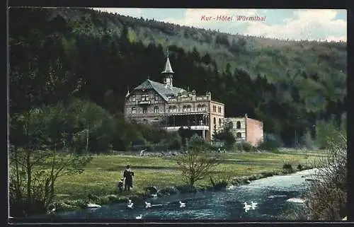 AK Würmthal, Kurhotel mit Flusspartie und Enten