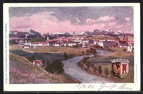 AK Kempten / Allgäu, Panoramablick von Norden gesehen, Stadtwappen