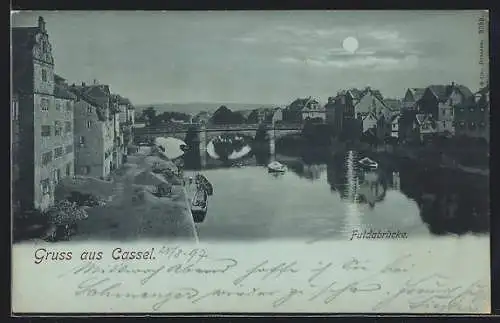 Mondschein-AK Cassel, Fuldabrücke mit Booten