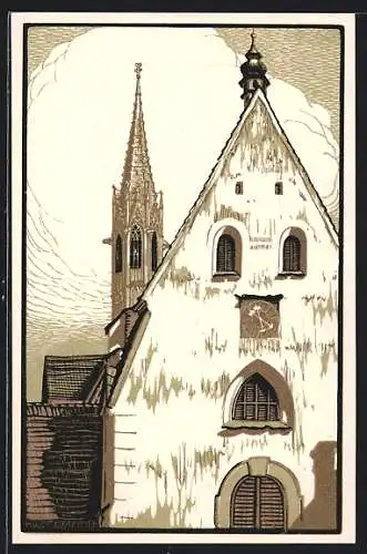 Künstler-AK Gaming /N.-Ö., Westfassade der ehemaligen Klosterkirche und hochgotischer Turm