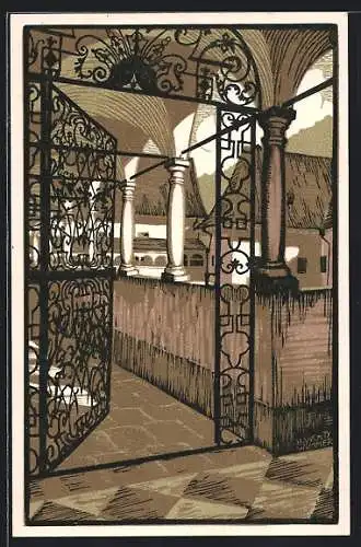 Künstler-AK Gaming /N.-Ö., Kartause mit Blick durch ein Barockgittertor in den Bibliothekshof