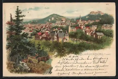 Lithographie Blankenburg / Harz, Gesamtansicht mit Villen, Schloss und Hirschgruppe