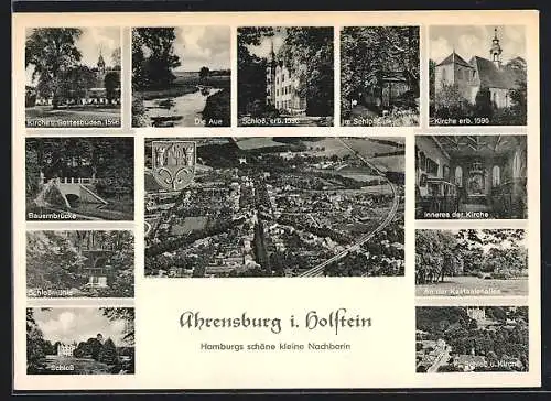 AK Ahrensburg / Holstein, Kirche, Bauernbrücke, Schloss, Schlossmühle, Kastanienallee, Aue