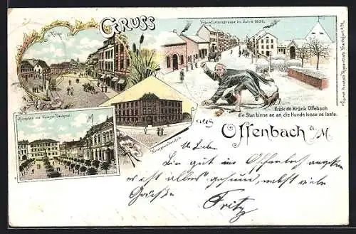 Lithographie Offenbach / Main, Aliceplatz mit Kriegerdenkmal, Kunstgewerbeschule, Frankfurter Strasse im Jahre 1836