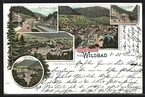Lithographie Wildbad / Schwarzwald, Hotel Bellevue und Kg. Karlsbad, Olgastrasse und Trinkhalle, Kath. Kirche, Kurplatz